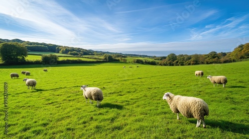 Sheep grazing under the warm sun in a lush green field, their woolly bodies standing out against the clear blue sky, creating a peaceful countryside scene.