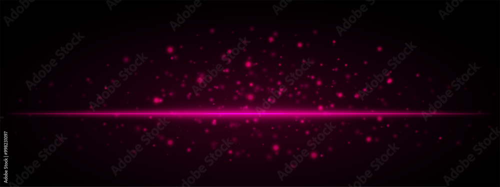 Fototapeta premium Horizontal purple light effect isolated on dark background. Neon stripe with bright glowing lines and sparkling particles. Abstract rays. Vector illustration.