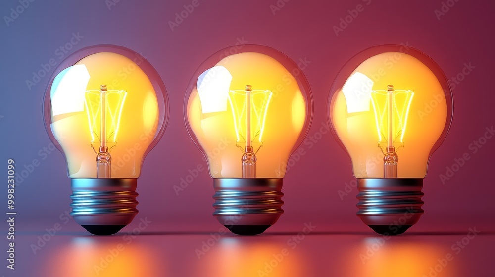 Three glowing light bulbs emit a warm amber hue against a colorful backdrop, symbolizing ideas and innovation. Three glowing light bulbs emit a warm amber hue against a colorful backdrop, symbolizing ideas and innovation.