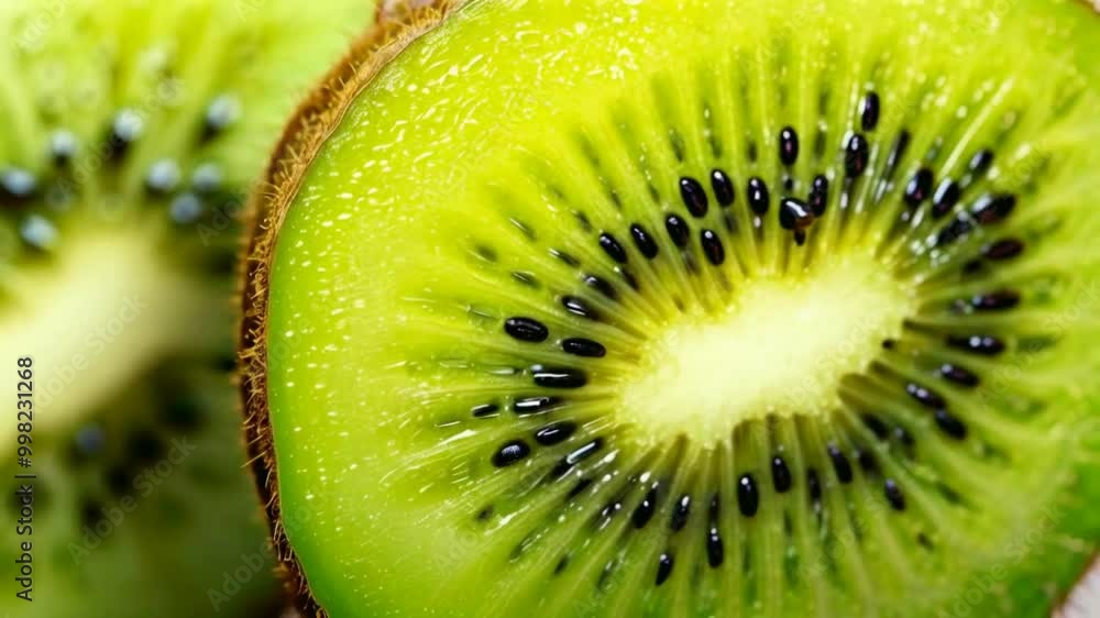 Kiwi slices. Kiwifruit is a small, oval fruit with fuzzy, brown skin, vibrant green flesh, and tiny black seeds. It has a sweet-tart flavor and high vitamin C content. Kiwi slices. Kiwifruit is a small, oval fruit with fuzzy, brown skin, vibrant green flesh, and tiny black seeds. It has a sweet-tart flavor and high vitamin C content.
