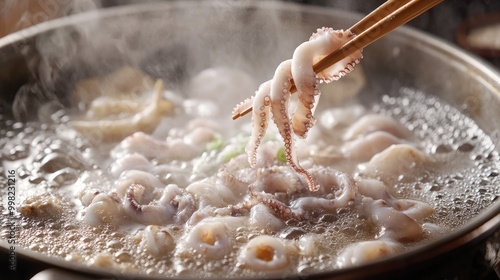 Tender squid tentacles held by chopsticks, ready to plunge into a bubbling hot pot filled with fresh ingredients and a savory, boiling broth.