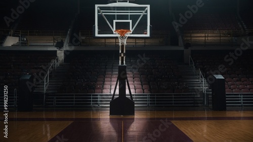 Empty basketball arena with dramatic lighting, view from free throw line in front of goal on the court photo