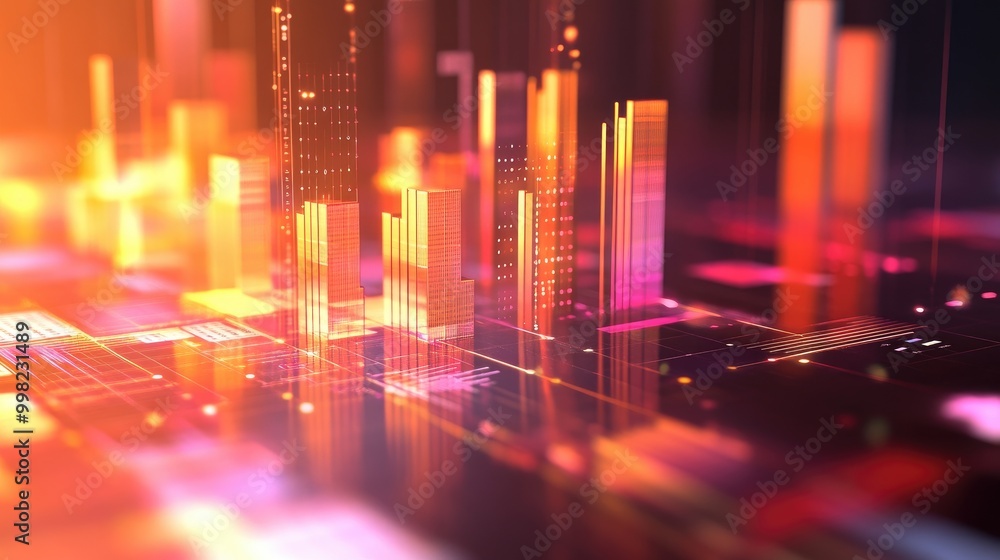 A digital 3D bar graph displayed above a financial report, with light reflections and shadows enhancing the visual impact, representing effective communication of data. A digital 3D bar graph displayed above a financial report, with light reflections and shadows enhancing the visual impact, representing effective communication of data.