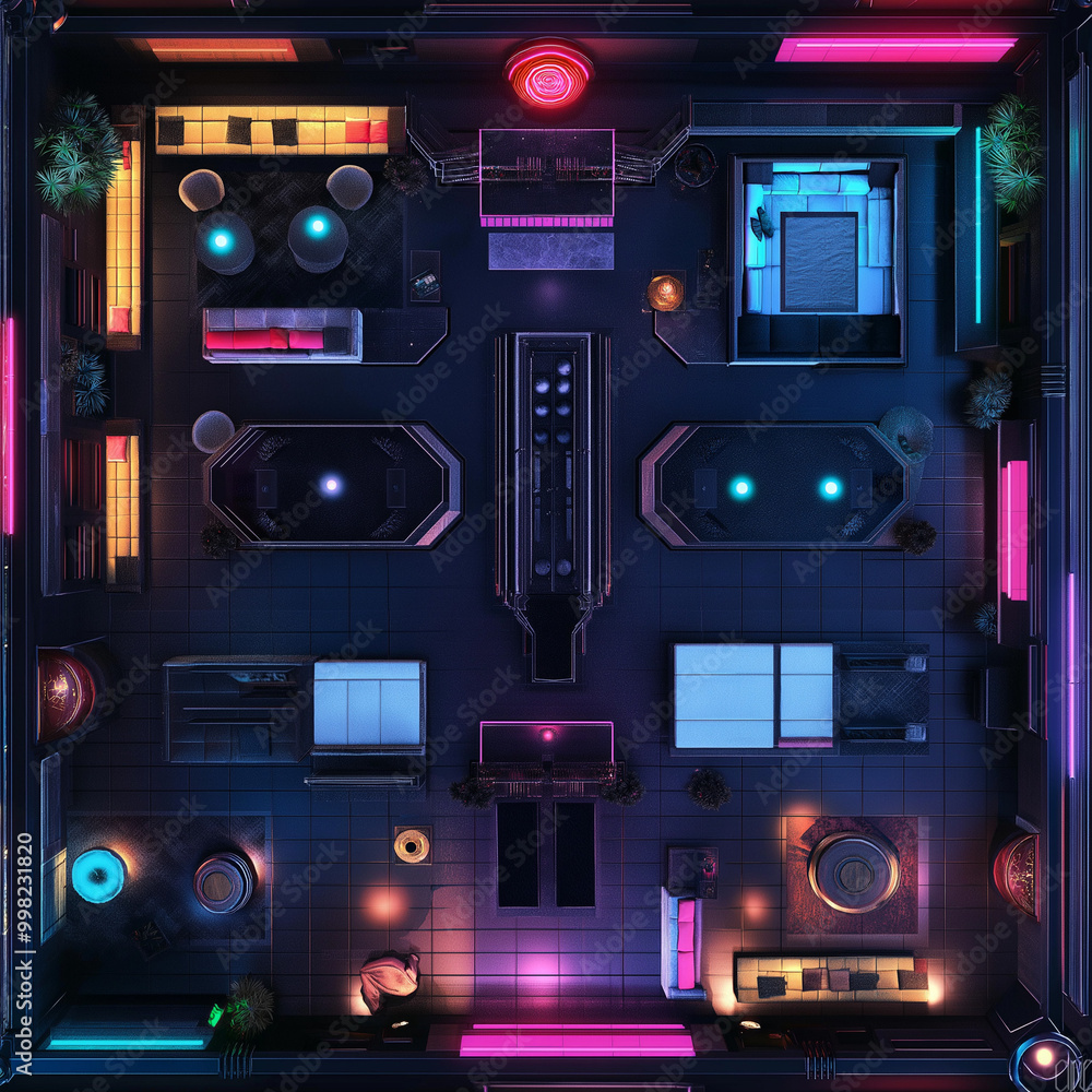 Fototapeta premium Cyberpunk Battle Map for Tabletop RPGs, Detailed Top-Down Sci-Fi Map for DnD, Urban Adventure Background for Virtual Tabletop Play, Futuristic City with Neon Lights and Dystopian Vibes