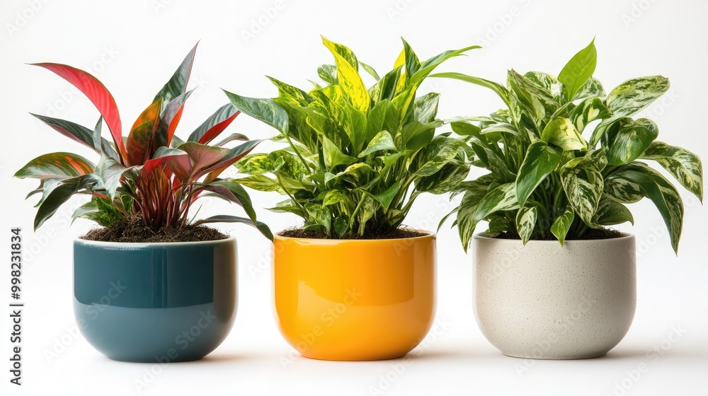 Fototapeta premium Three colorful plant pots holding different varieties of indoor plants, creating a fresh, bright display of natural beauty.