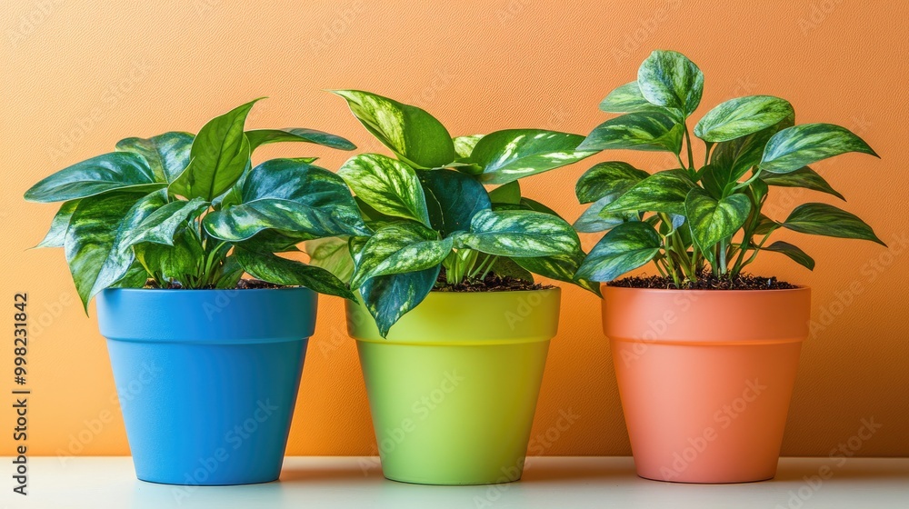 Three potted plants in cheerful, brightly colored pots, their green leaves standing out against the vivid containers on a neutral surface. Three potted plants in cheerful, brightly colored pots, their green leaves standing out against the vivid containers on a neutral surface.