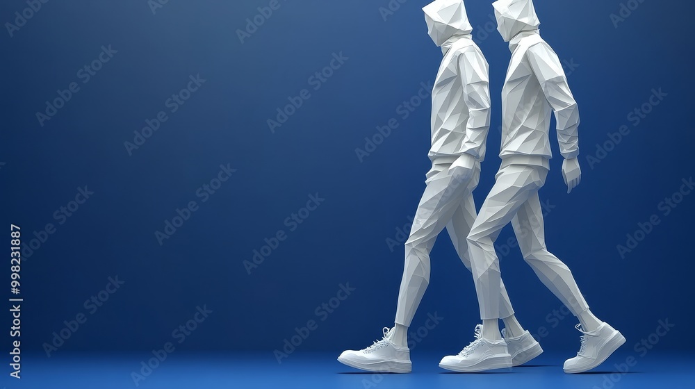 Two stylized figures in white hoodies walk in a modern, minimalistic style against a blue gradient background. Two stylized figures in white hoodies walk in a modern, minimalistic style against a blue gradient background.
