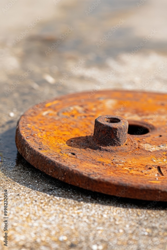 A weathered and rusted weight plate resting on a sandy surface under warm sunlight A weathered and rusted weight plate resting on a sandy surface under warm sunlight