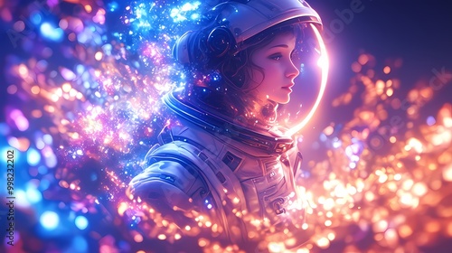 Astronaut floating in a vibrant universe, surrounded by colorful bubbles.