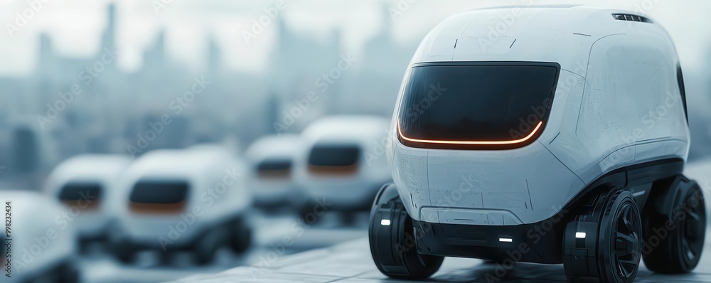Fleet of autonomous electric delivery vans, navigating a futuristic urban landscape, seamlessly delivering packages without human intervention, 3D illustration Fleet of autonomous electric delivery vans, navigating a futuristic urban landscape, seamlessly delivering packages without human intervention, 3D illustration