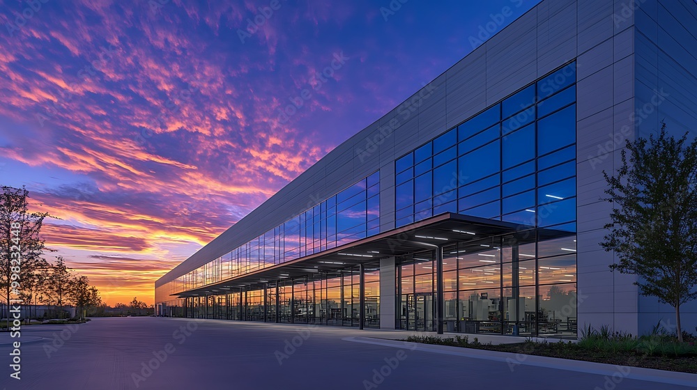 Modern building reflecting a colorful sunset sky. Modern building reflecting a colorful sunset sky.