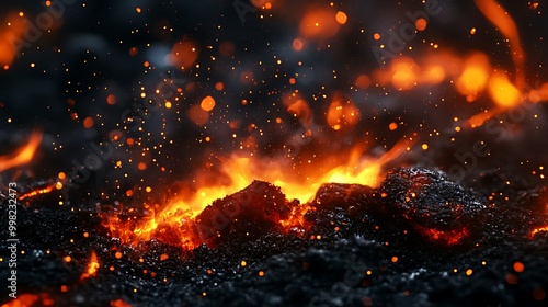 Fiery volcanic landscape with glowing lava and sparks.