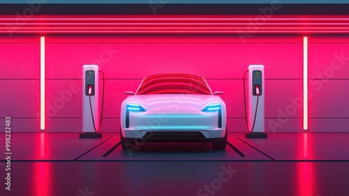 Futuristic selfdriving car docking at an electric charging station, with automated systems connecting the vehicle to the charging point, 3D illustration photo