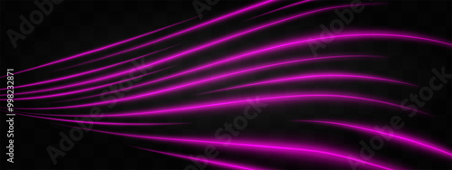 Curved purple neon light effect isolated on dark background. Bright glowing neon stripes with lens flare. Graphical patch of reflected light. Abstract rays. Vector illustration.