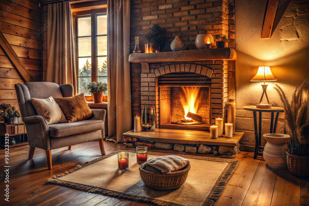 A cozy room in a country style with a burning fireplace, a soft armchair, atmospheric soft light and candles. A cozy room in a country style with a burning fireplace, a soft armchair, atmospheric soft light and candles.