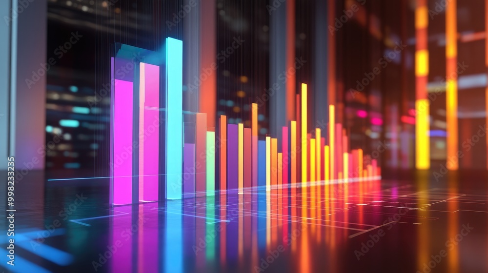 A dynamic 3D bar graph displayed on a digital screen, showcasing vibrant colors and varying heights, illustrating impressive business growth trends in a corporate environment. A dynamic 3D bar graph displayed on a digital screen, showcasing vibrant colors and varying heights, illustrating impressive business growth trends in a corporate environment.