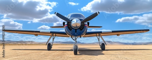 A classic aircraft on a desert runway beneath a vibrant sky, showcasing its detailed design and powerful propeller.