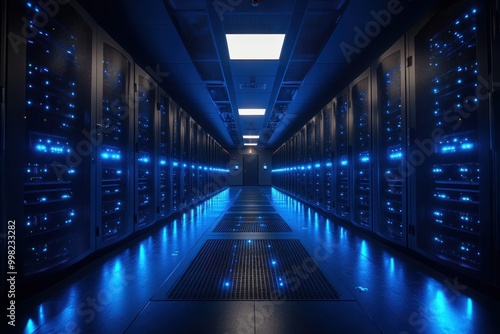 A long, narrow hallway in a server room with rows of servers on either side. The servers are lit with blue lights, creating a futuristic and technological atmosphere.