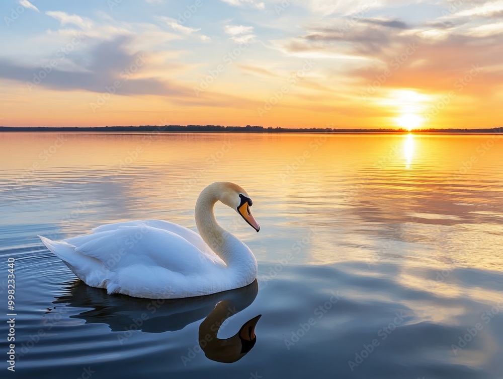 Elegant swan gliding gracefully across tranquil waters at sunset Elegant swan gliding gracefully across tranquil waters at sunset