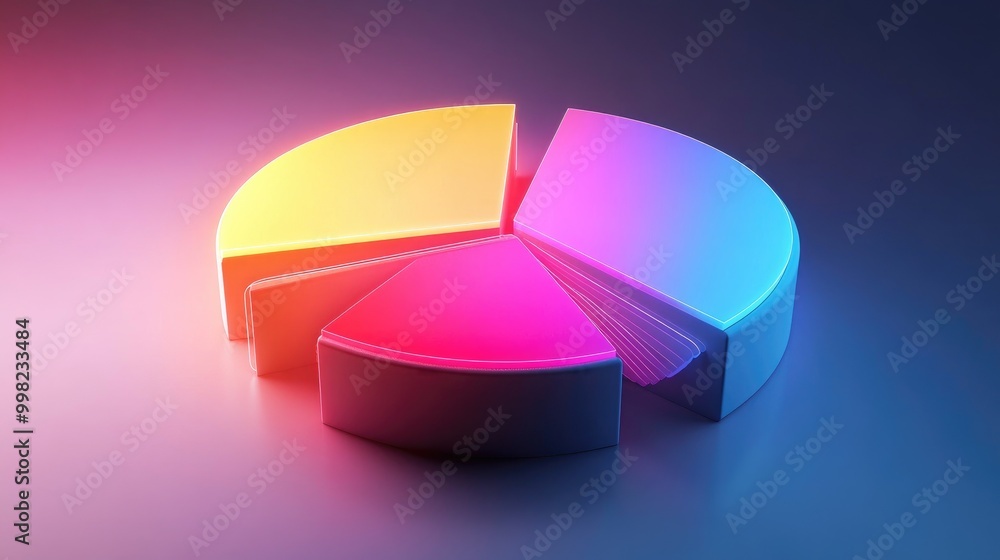 Obraz premium A dynamic 3D pie chart with glowing segments, illustrating various financial metrics, with depth and shadows for a realistic, high-impact presentation.