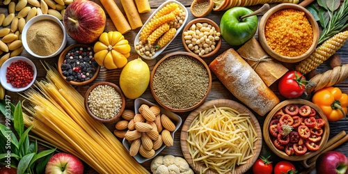 A diverse selection of carbohydrate-rich foods on display, including bread, pasta, rice, potatoes, and various fruits, perfect for healthy meals and snacks.