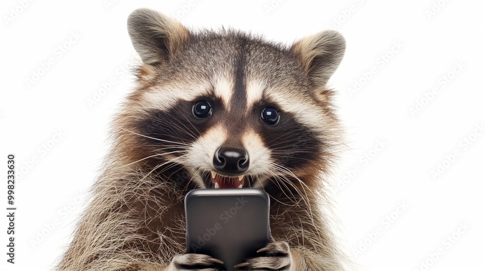 Obraz premium Happy Raccoon with Mobile Phone