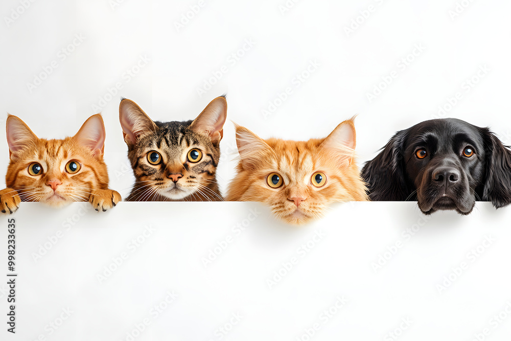 猫と犬が並んで見つめるかわいいペットの集合写真 猫と犬が並んで見つめるかわいいペットの集合写真