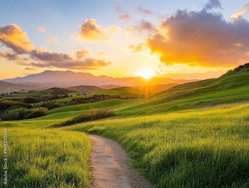 Fototapeta premium Golden sunrise over rolling green hills and a winding path in a tranquil landscape