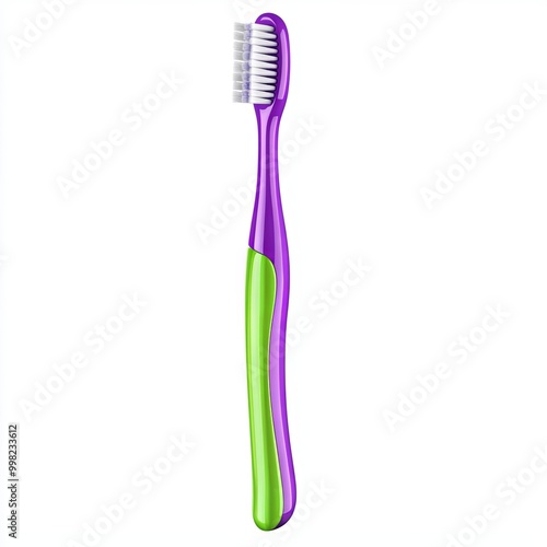 Tooth brush isolated on a white background. Green and purple plastic toothbrush side view close up. Dental tool for oral hygiene.