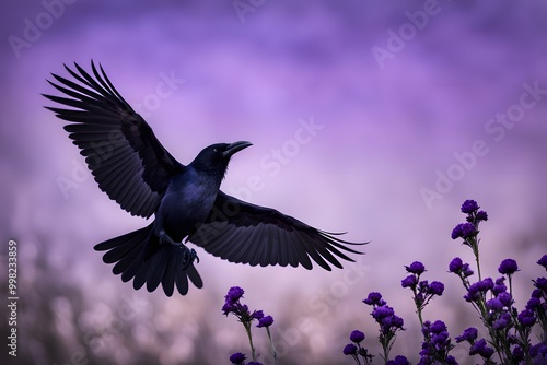 A crow with dark purple flowers blooming from its back, AI Generated photo