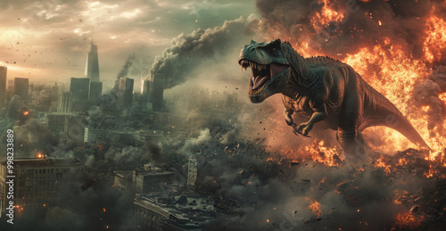 Apocalyptic scene of dinosaur destroying city 