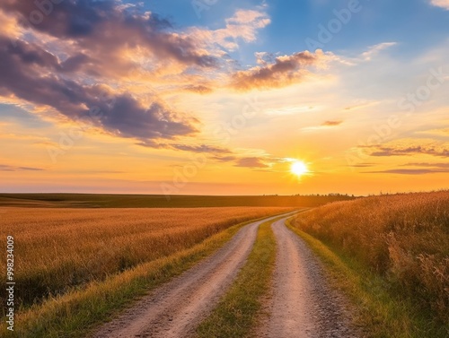 Tranquil dirt road winding through golden fields at sunset in rural countryside