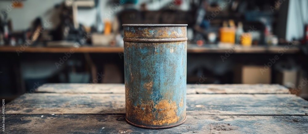 A rusty, weathered metal can sits on a worn wooden table in a workshop. A rusty, weathered metal can sits on a worn wooden table in a workshop.