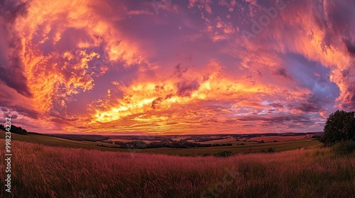 A breathtaking panorama of a vibrant sunset sky, with swirling clouds reflecting stunning shades of orange, pink, and purple near a serene landscape.