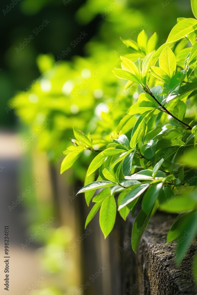 Lush green leaves basking in sunlight along a wooden fence in a tranquil garden setting Lush green leaves basking in sunlight along a wooden fence in a tranquil garden setting