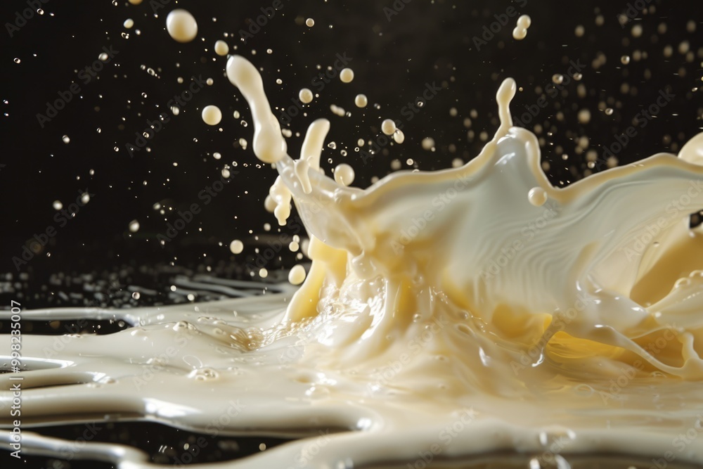 A single splash of milk on a black surface A single splash of milk on a black surface