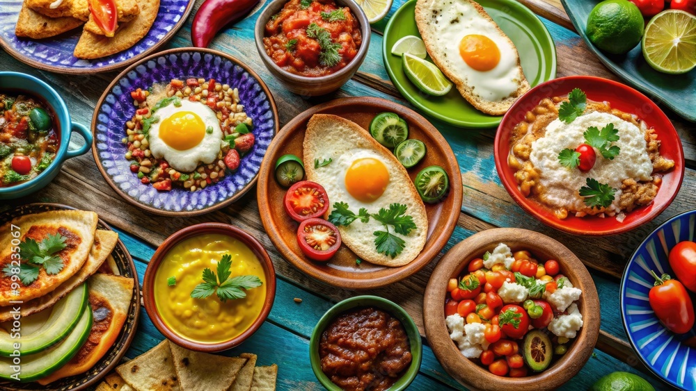 A beautiful display of colorful Mexican breakfast plates, featuring traditional dishes made from fresh ingredients, brings life and flavor to the morning table setting. A beautiful display of colorful Mexican breakfast plates, featuring traditional dishes made from fresh ingredients, brings life and flavor to the morning table setting.