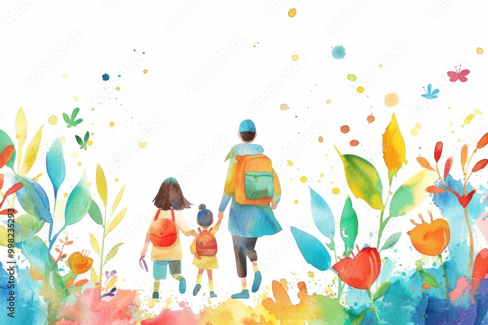 A mother with her two children strolling through a vibrant field of flowers, enjoying the outdoors A mother with her two children strolling through a vibrant field of flowers, enjoying the outdoors