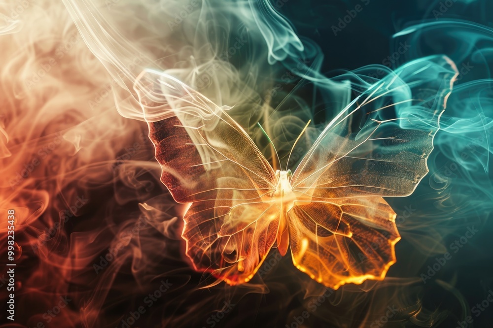 Shining butterfly from paper on a dark background with gradient warm and cold smoke. Magical creature concept with copy space Shining butterfly from paper on a dark background with gradient warm and cold smoke. Magical creature concept with copy space