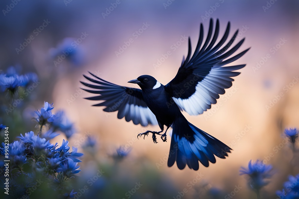 Fototapeta premium A magpie bird with deep blue flowers blooming from its back, AI Generated