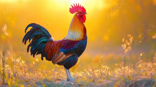 A fighting rooster standing in a rural field at sunrise, its vibrant plumage illuminated by the early morning light, representing tradition and natural beauty.