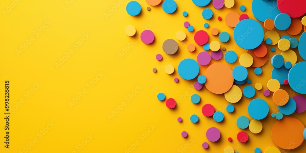 Vibrant abstract composition of multicolored 3D circles on yellow background Vibrant abstract composition of multicolored 3D circles on yellow background