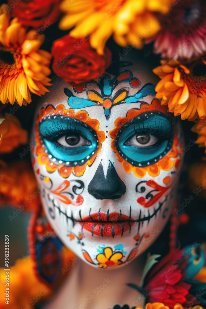 Naklejka premium A detailed view of someone's face with vibrant flowers painted on the skin, great for art-related concepts or beauty editorials