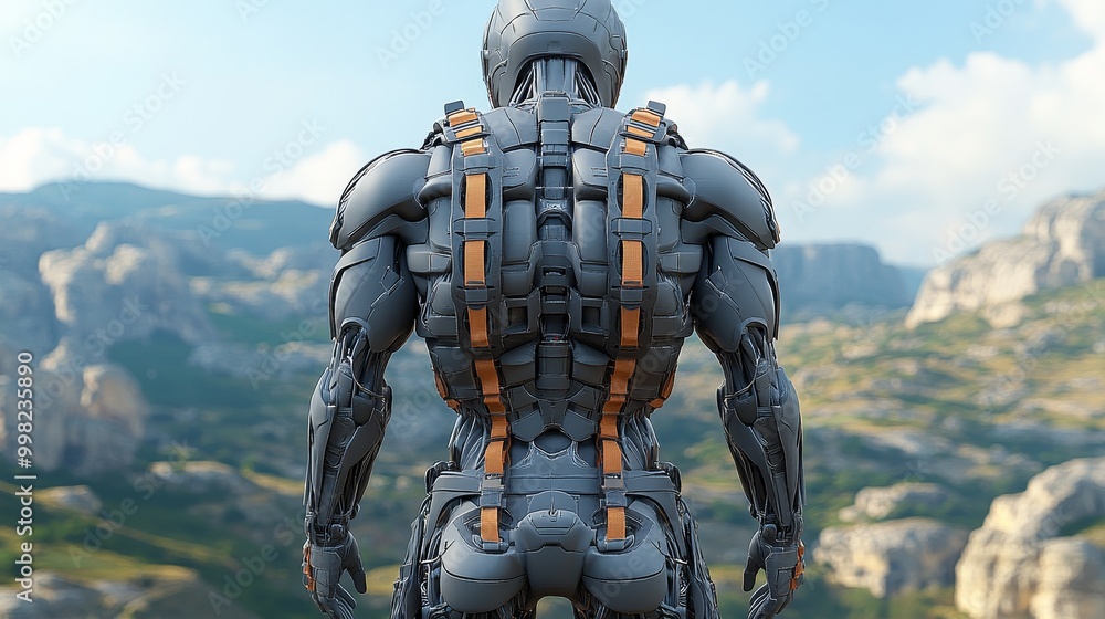 A futuristic robot figure stands in a scenic landscape, showcasing advanced technology and intricate design elements. A futuristic robot figure stands in a scenic landscape, showcasing advanced technology and intricate design elements.