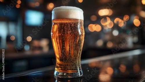 Cold beer in a tall glass with foam on top, sitting on a bar counter in a cozy pub, perfect for relaxing evenings and social gatherings. 