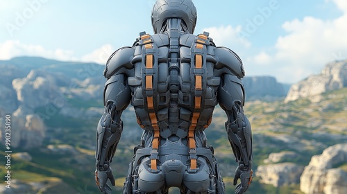 A futuristic robot figure stands in a scenic landscape, showcasing advanced technology and intricate design elements.