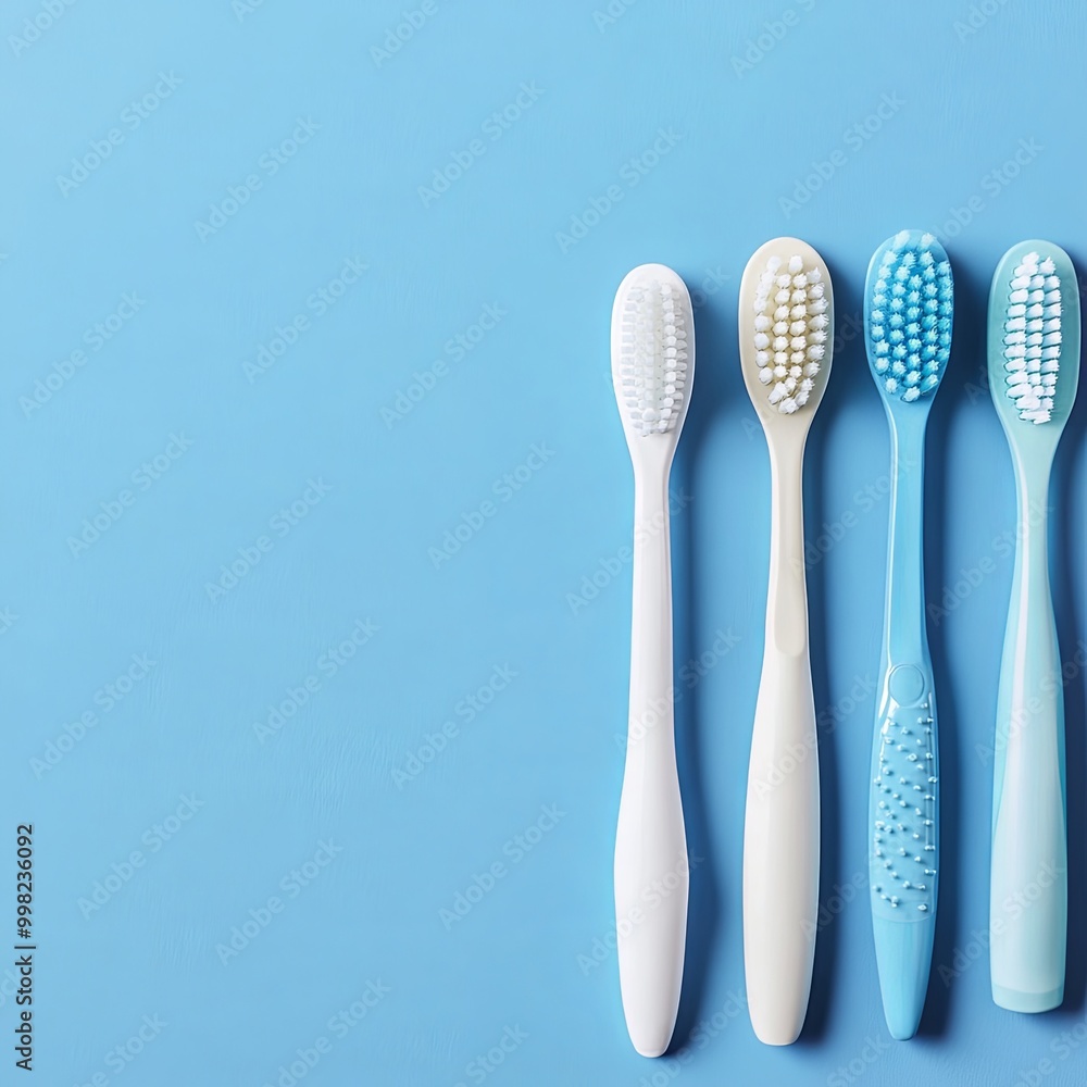 Toothbrushes on blue background. Copy space for text