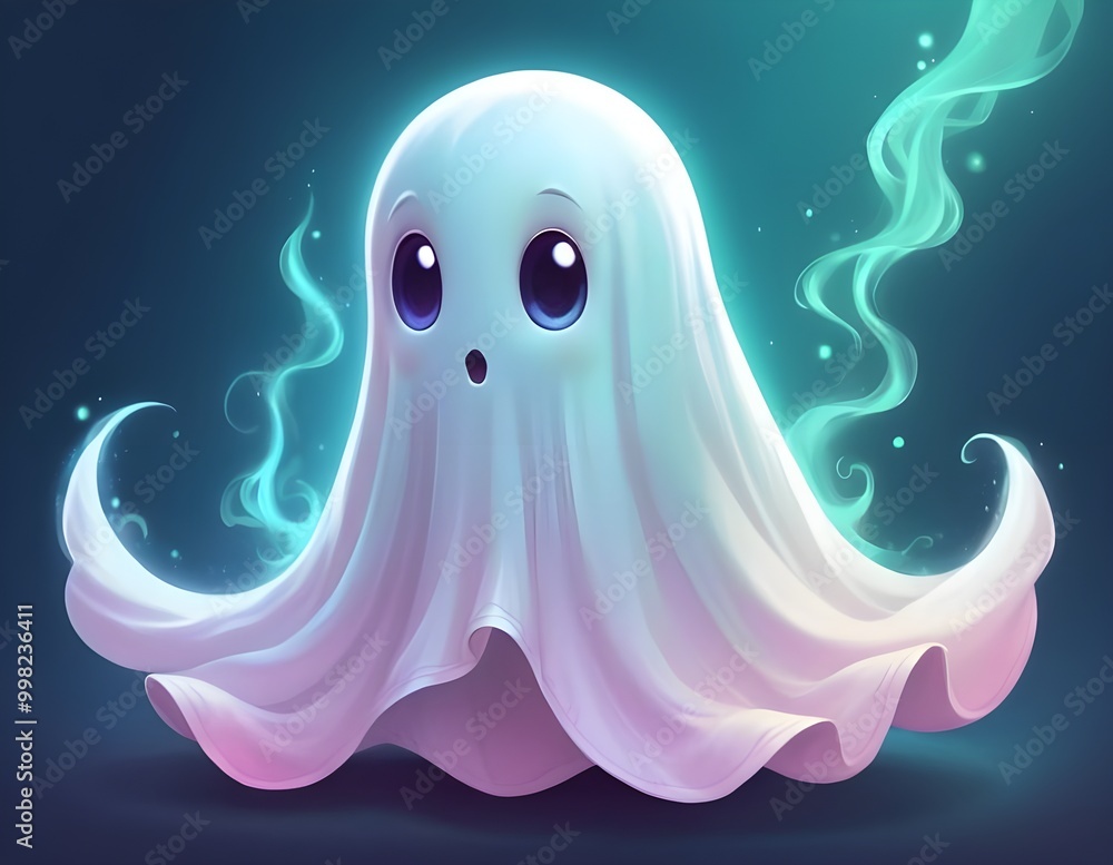Cute animated shy ghost character with glowing eyes and gentle smile. Halloween Cute animated shy ghost character with glowing eyes and gentle smile. Halloween