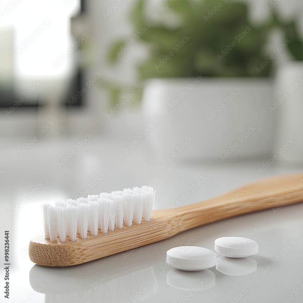 Toothpaste pills tablets on toothbrush, white solid toothpaste tablet with bamboo toothbrush on modern white bathroom background Toothpaste pills tablets on toothbrush, white solid toothpaste tablet with bamboo toothbrush on modern white bathroom background