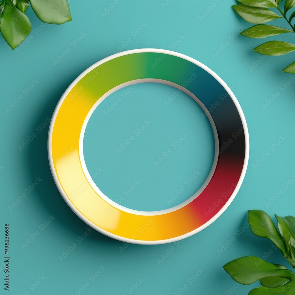 Colorful circular plate surrounded by lush green leaves on a vibrant turquoise background Colorful circular plate surrounded by lush green leaves on a vibrant turquoise background